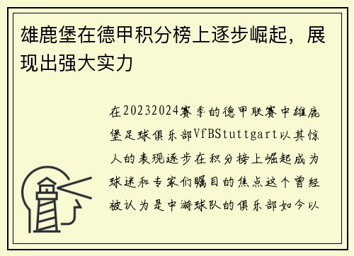 雄鹿堡在德甲积分榜上逐步崛起，展现出强大实力